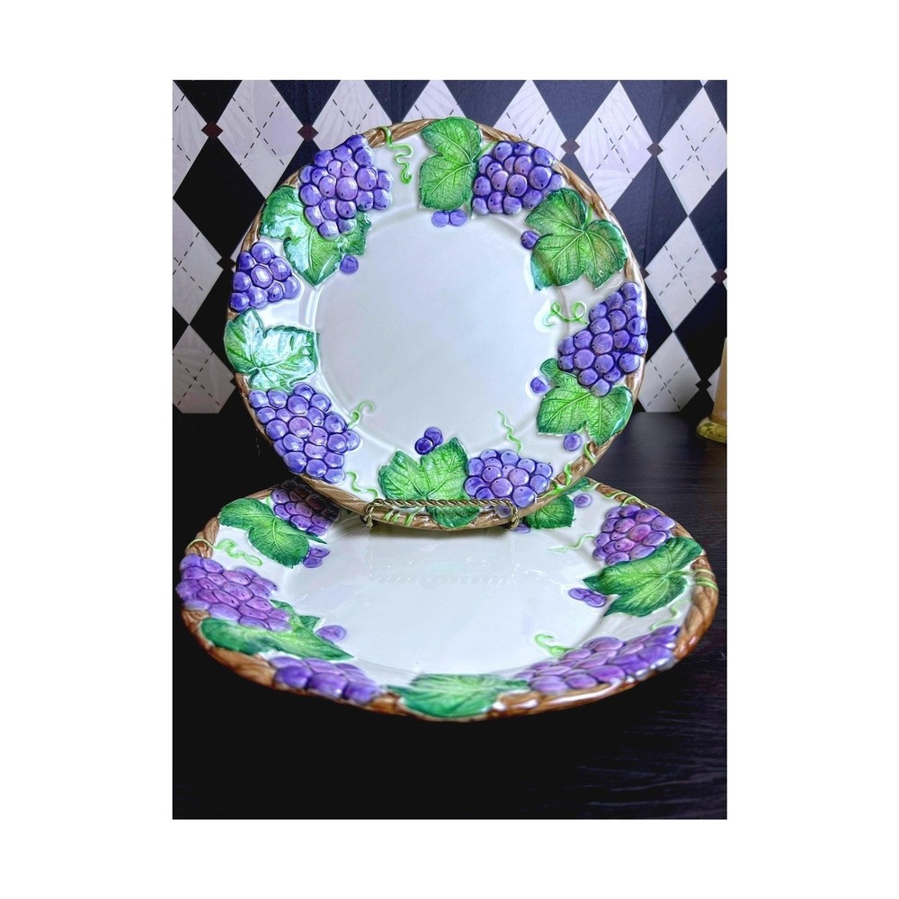 Large Vintage Pair Raised Grape Relief Dinner Plates Ironstone 11" Fitz Floyd